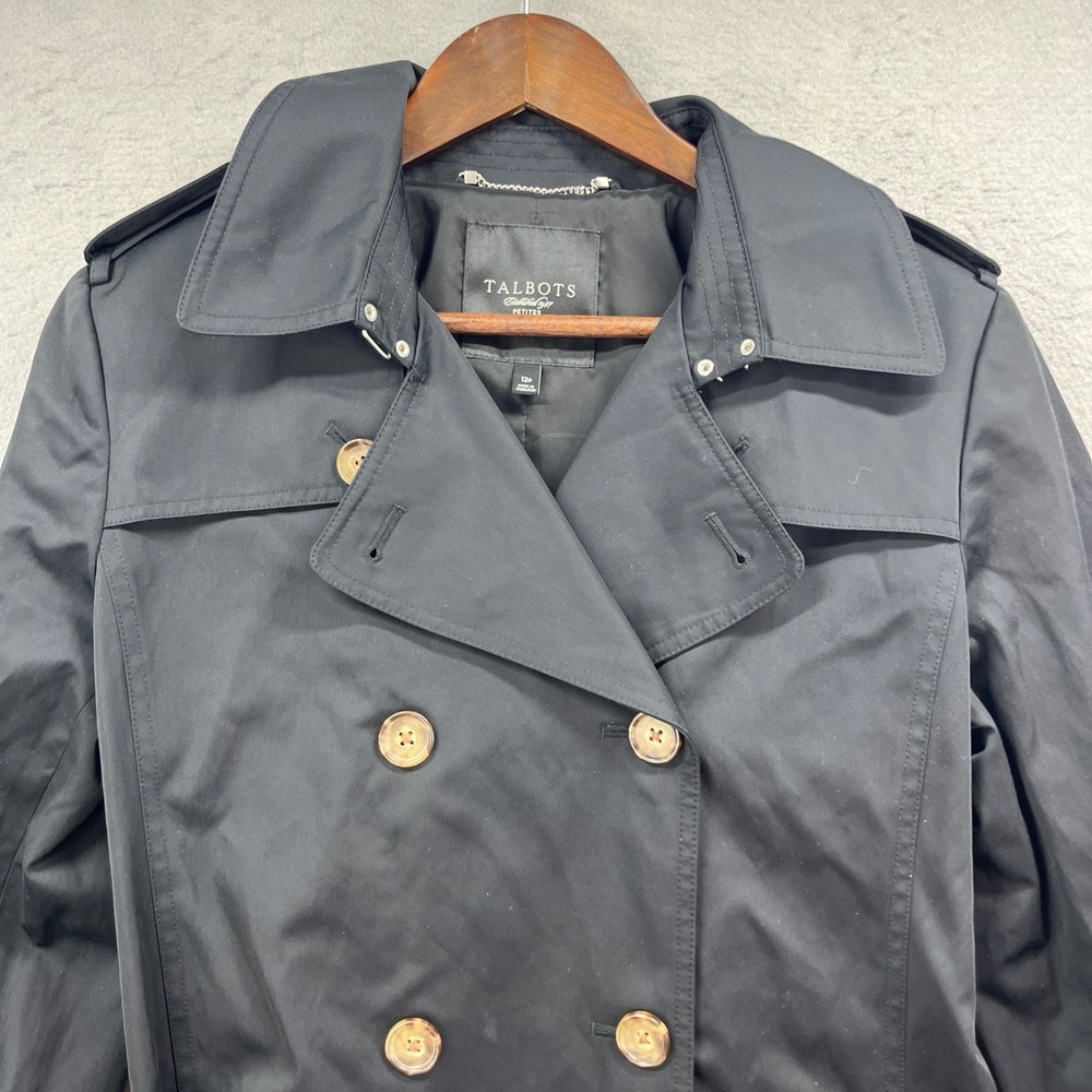 Talbots Trench Coat Womens 12P Black Double Breasted Belted Classic Petite - Picture 2 of 11